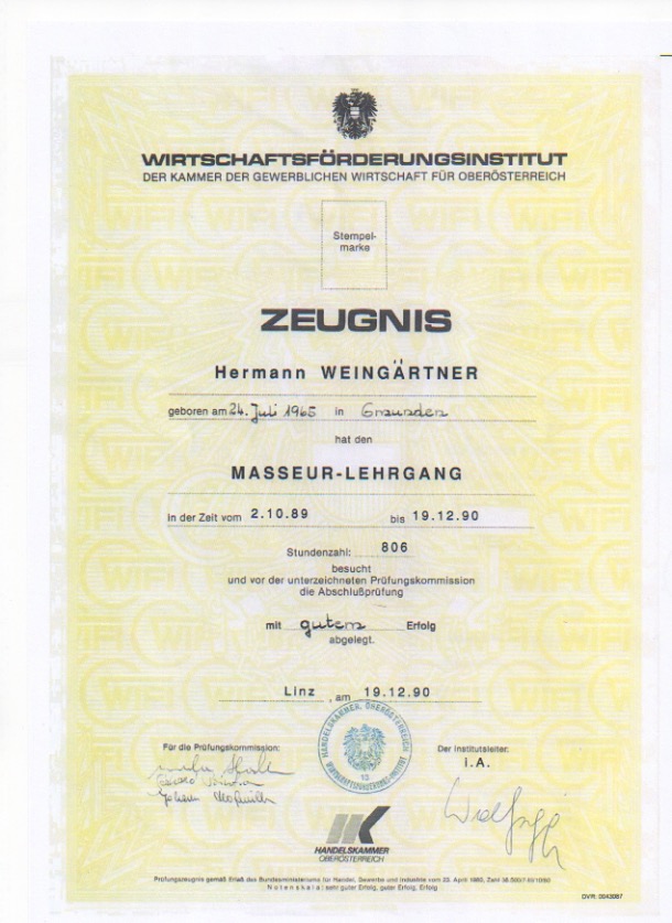 Zeugniss Massagelehrgang seite 1